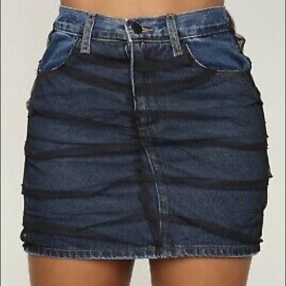 denim skirt with mesh overlay